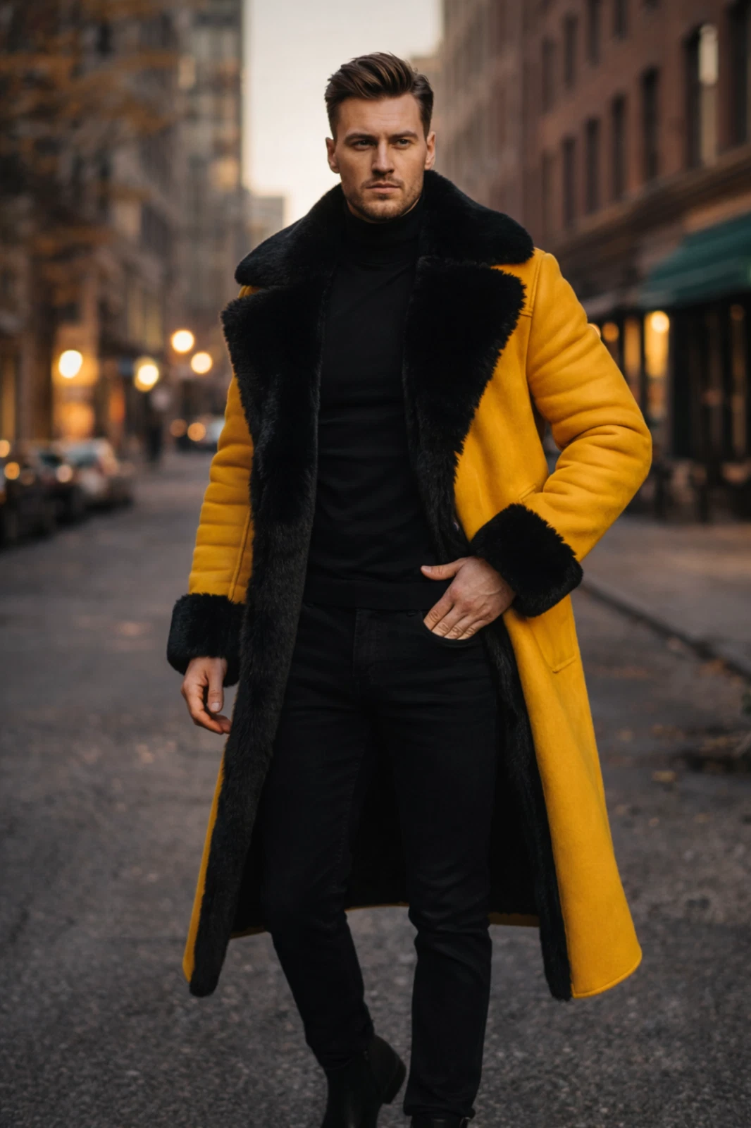 Men’s Mustard Yellow Genuine Leather Shearling Fur Long Winter Coat Full Length
