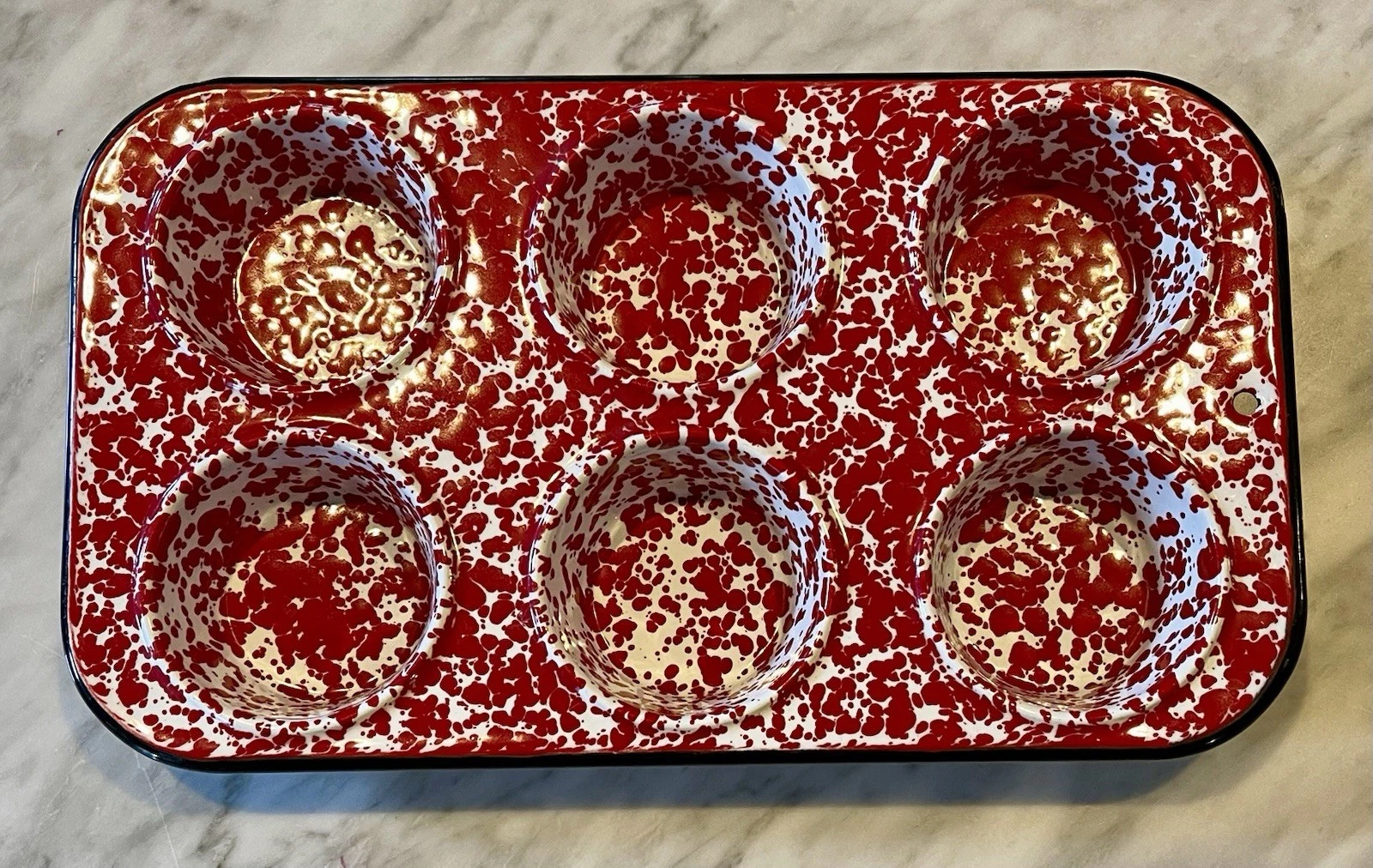 Cupcake Muffin Tin 6 Cup Graniteware Enamelware Red & White Splatter Ware