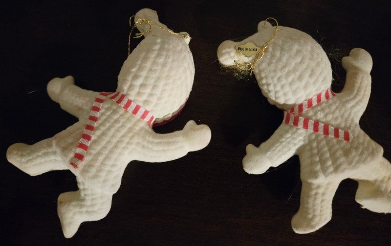Kitsch VTG Vintage Flocked White Snow Suit Snowsuit Tree Ornament Decor TAIWAN