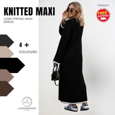 Womens Long Sleeve Ribbed Knitted Jumper Dress Contrast Piping Trim Maxi Dress