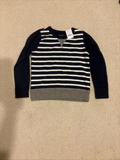 J CREW CREWCUTS Boys Small 6-7 Blue Ivory Striped Cotton Crewneck Pullover NWT