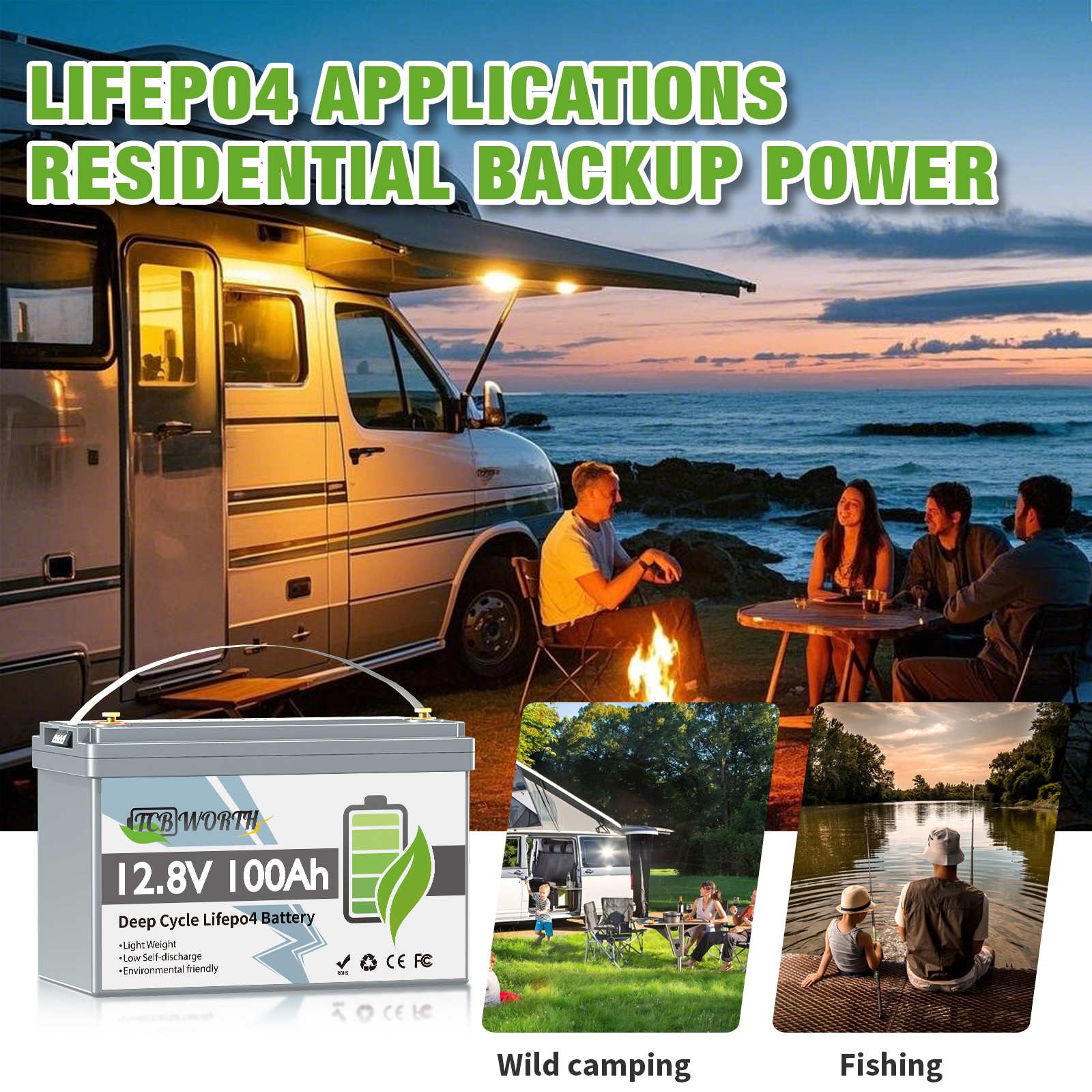 12V 100Ah LiFePO4 Lithium Battery Deep Cycles RV Marine Trolling Motors Off-grid