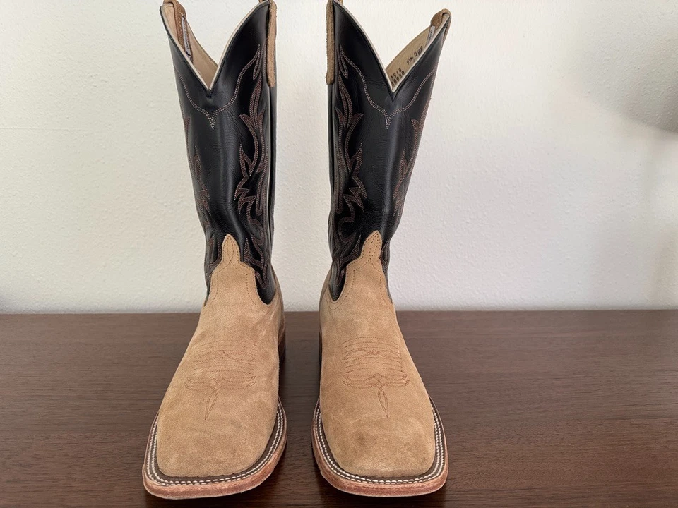 Botas Anderson Bean 9.5 D Bronceadas Caballo Loco Roughout Negro Parte Superior Ancha Cuadrada EE. UU. Foto 3 de 4