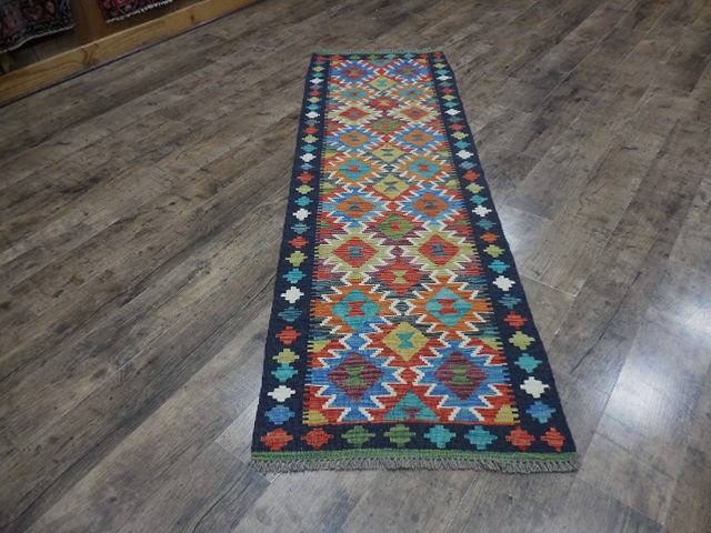 Authentic Afghan Chobi Vegetable Kilim Rug Tribal Geometric Design Rug 2.1x6.9