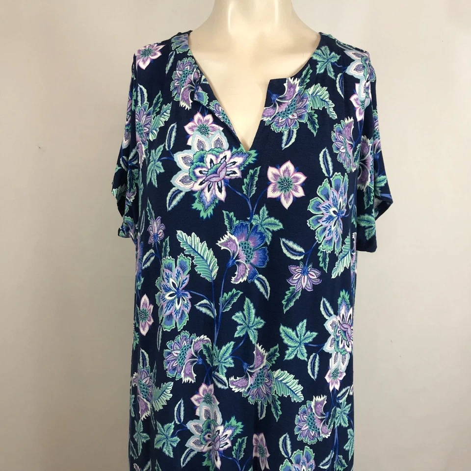 J. JILL - WOMEN'S LARGE PETITE - NAVY FLORAL SHORT SLEEVE V NECK STRETCH DRESS - Image 2 of 4
