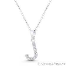 Initial Letter J Cubic Zirconia CZ Crystal Pendant .925 Sterling Silver Necklace