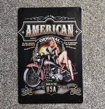 American Motorcycle Tin Litho Biker Chick On Sick Bike Man Cave Game Room Decor