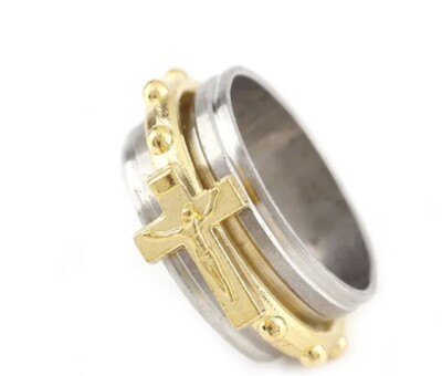 10mm STAINLESS STEEL silver and gold Crucifix Cross Ring with rotating decade