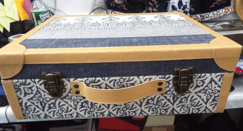 Vintage Travel Case - Leather Blue Grey White Fabric 18" x 14" x 6"