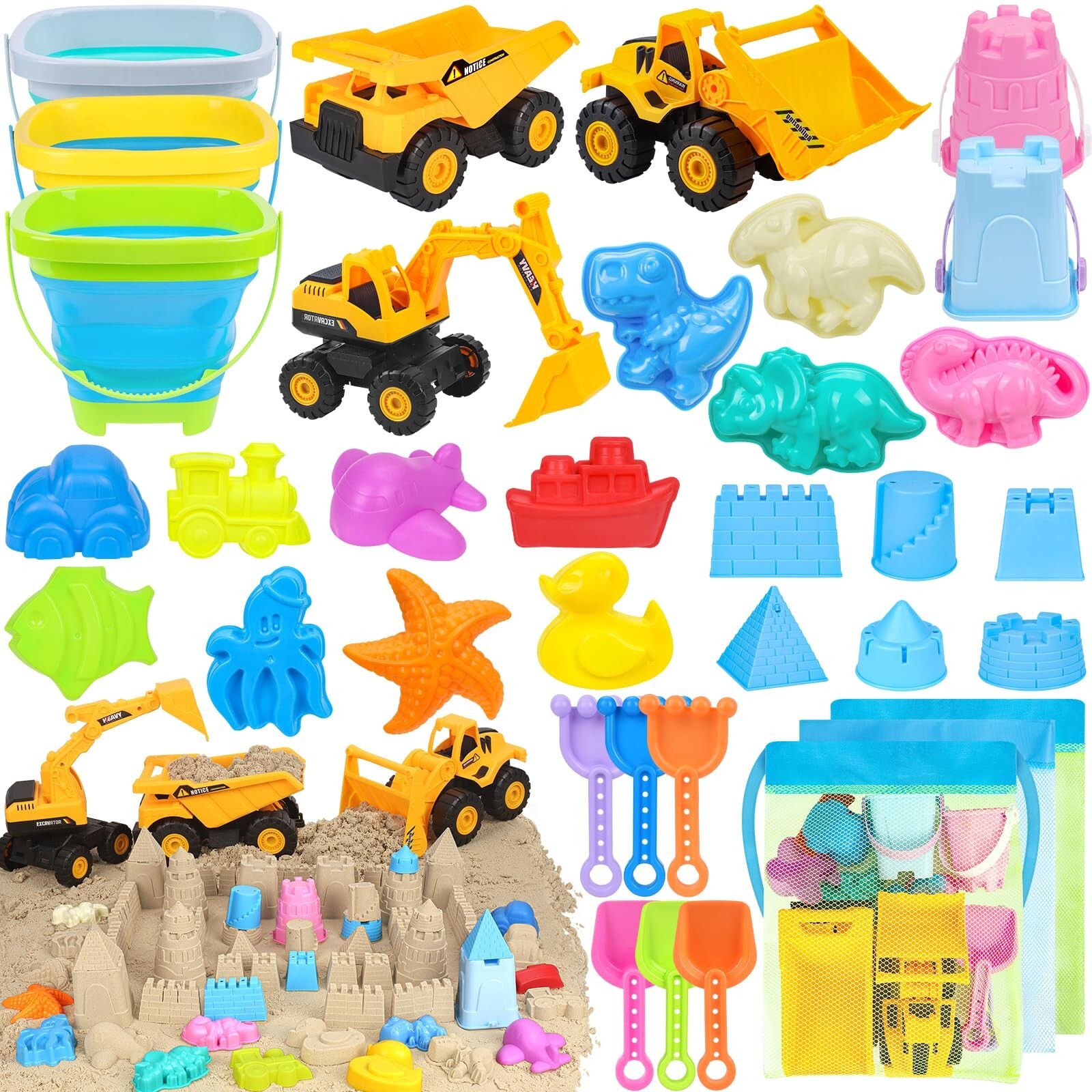 35Pcs Beach Toy Set with 3 Construction Trucks & Collapsible Sand Buckets for Kids