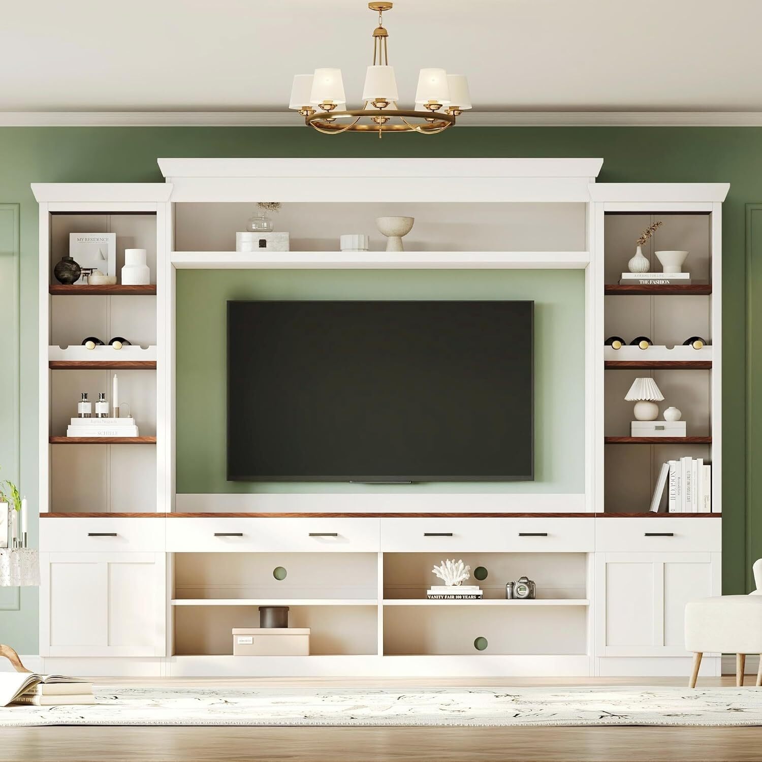 4-Piece Wall Unit for TVs Up to 70", Media Console w/Wine Rack & Bookshelves