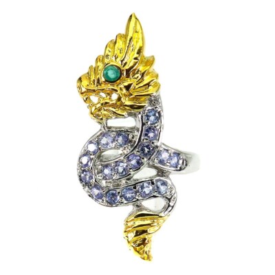 TANSANIT & SMARAGD THAI DRACHE RING 0,925 STERLINGSILBER GR. 8,75