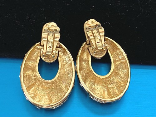 STUNNING SIGNED CINER BLACK BROWN ENAMEL CRYSTALS LARGE DANGLE CLIP EARRINGS - Picture 4 of 6