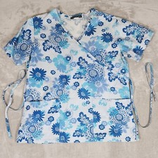 Los Angeles Rose Inc Scrub Top Womens M White Blue Floral Medical Dental Nurse