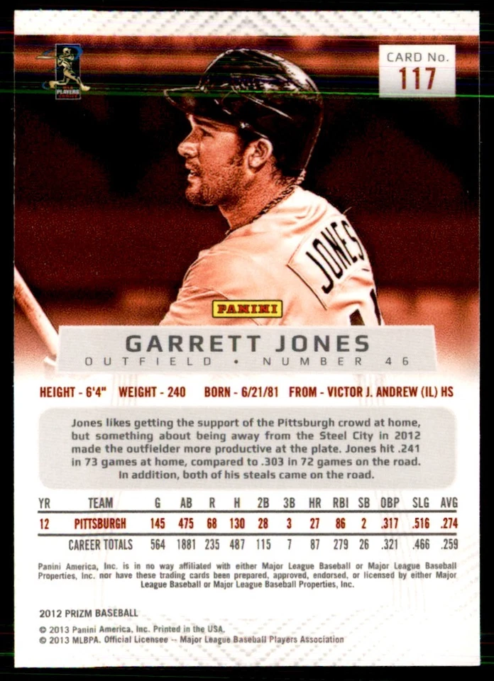 2013 Panini Prizm Garrett Jones Pittsburgh Pirates #117 - Image 2 of 2