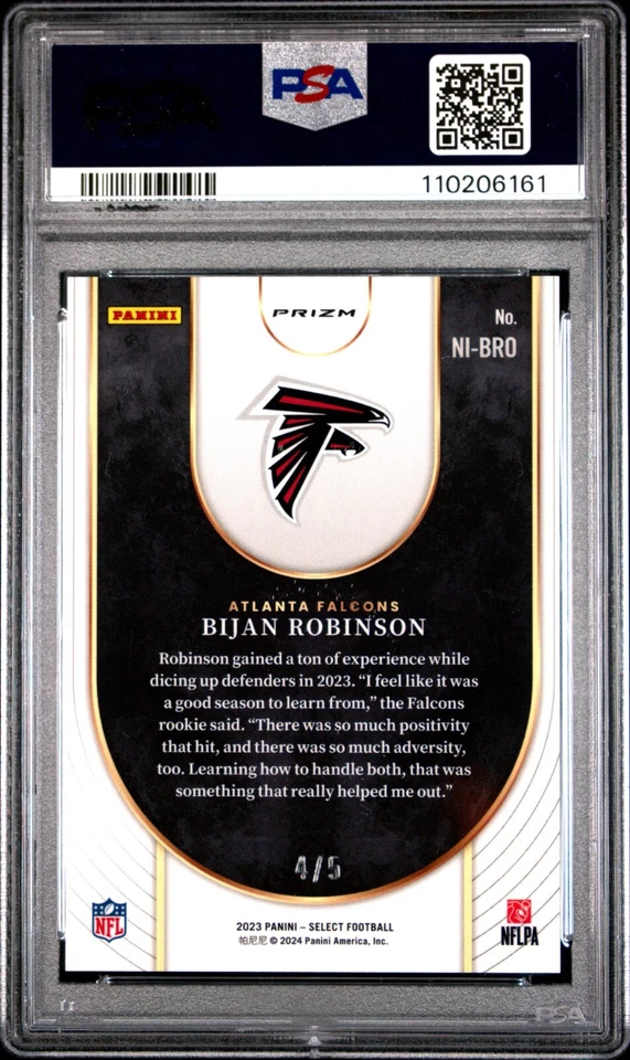 BIJAN ROBINSON 2023 SELECT ROOKIE NEON ICONS GREEN PRIZM RC #4/5 PSA 9 FALCONS - Image 2 of 2