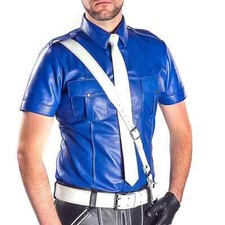Men's Real Leather Police Shirt Gay Biker Schwarz Cuir Lederhemd Blue Punk Kink