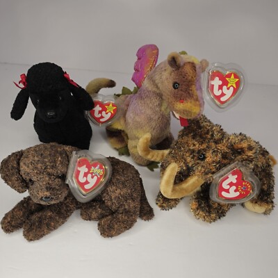 LOT OF 4 - Ty Beanie Babies Fetcher, GiGi, Giganto, & Scortch - Vintage Retired