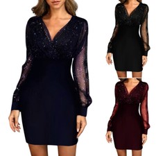 Women Ladies Sequin V Neck Mini Dress Bodycon Evening Party Wrap Clubwear Dress