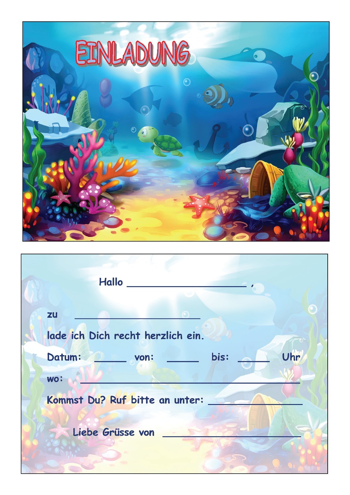 Einladungskarten Kinder Geburtstag Einladungen Aquarium Meer See Fische Teich #5