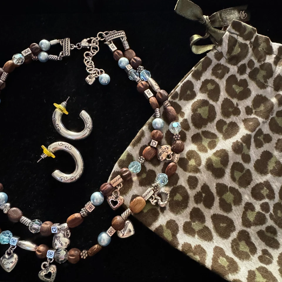 Retired Brighton Zen Garden Layered Heart Brown Wood Collar Necklace Earring Set - Image 3 of 4