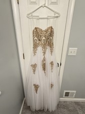 White Gold Strapless Embroidered Beaded Tulle Ballgown Prom Dress Sweetheart