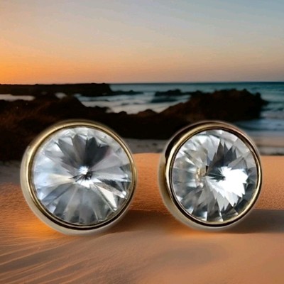 Stunning CLEAR 3/4'' Rivoli Round  Rhinestone Clip-On GoldTone Earrings EVC