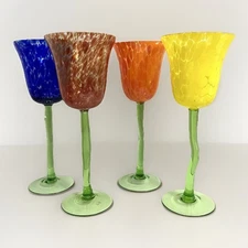 Set of 4 Tall Wavy Wine Art Glass Tulip Water Goblets Hand Blown Flower Confetti