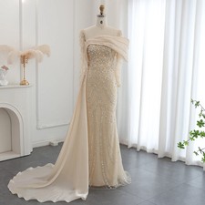 Luxury Nude Crystal Mermaid Evening Dress with Overskirt Long Sleeve Prom