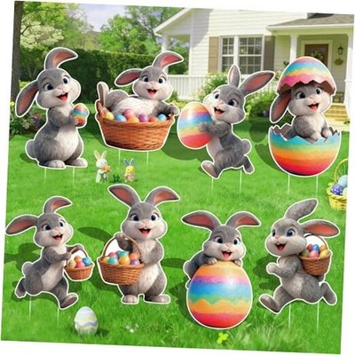 8 Pcs Easter Yard Signs with Stakes, Large Outdoor Easter Bunny Decorations in 