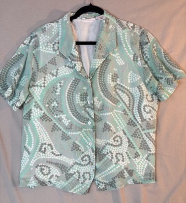 Alfred Dunner Blouse Size 14 Green Short Sleeve Collared Button Down Lined