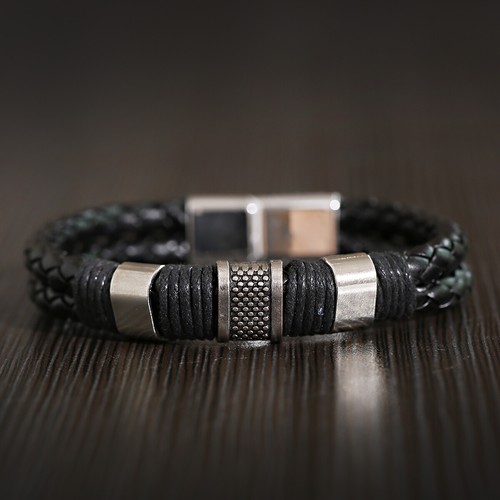2 Pcs Men's Stainless Steel Clasp Cuff Leather Braided Bangle Jewelry Wrist Band - Picture 11 of 77