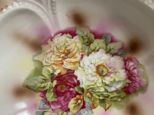 Vintage Antique Porcelain Centerpiece Bowl w/ Floral Decoration & Beaded Design - Picture 5 of 17