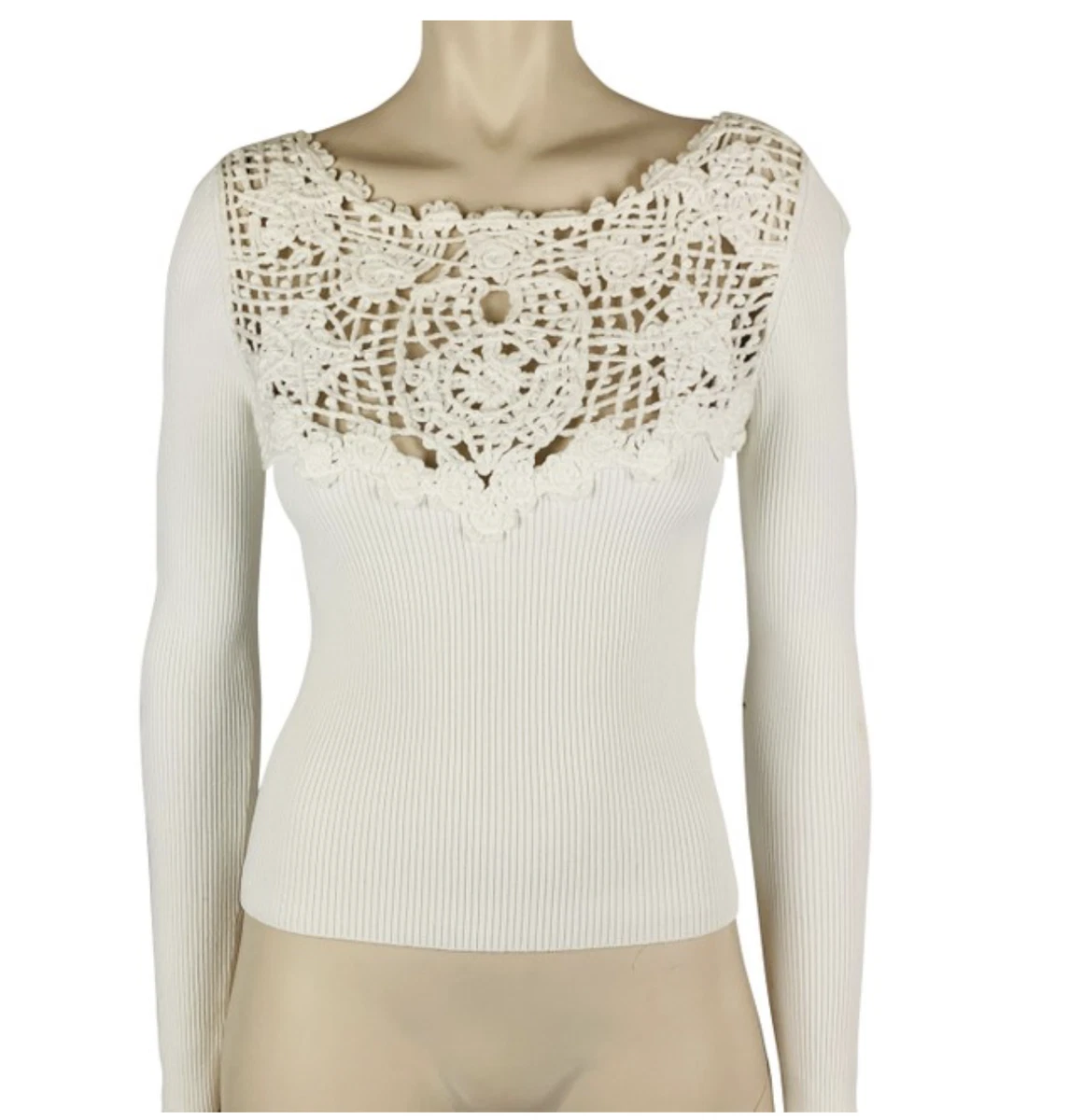 BEAUTIFUL CHANEL WHITE FLORAL LACE CROCHET LONG SLEEVE TOP BLOUSE SWEATER  EU 38