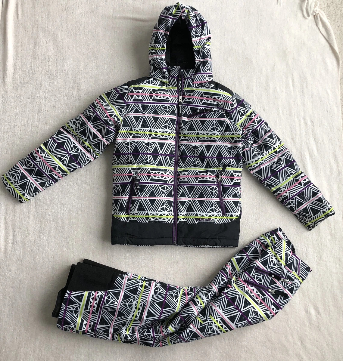 Marmot Girls Geometric Ski Jacket Pant LARGE Black Green Pink