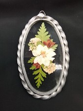 4"OVAL WALL HANGING GLASS DRIED FLOWER SOLDERED METAL ART PICTURE NATURE FLORAL