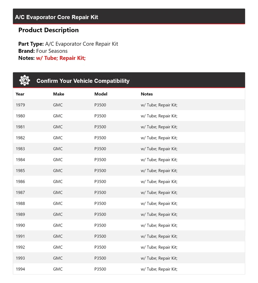 For 1979-1994 GMC P3500 A/C Evaporator Core Repair Kit 4 Seasons 1980 1981 1982 - Image 2 of 4