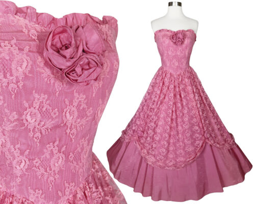 Vintage 80s Pink Strapless Floral Lace Full Skirt… - image 1
