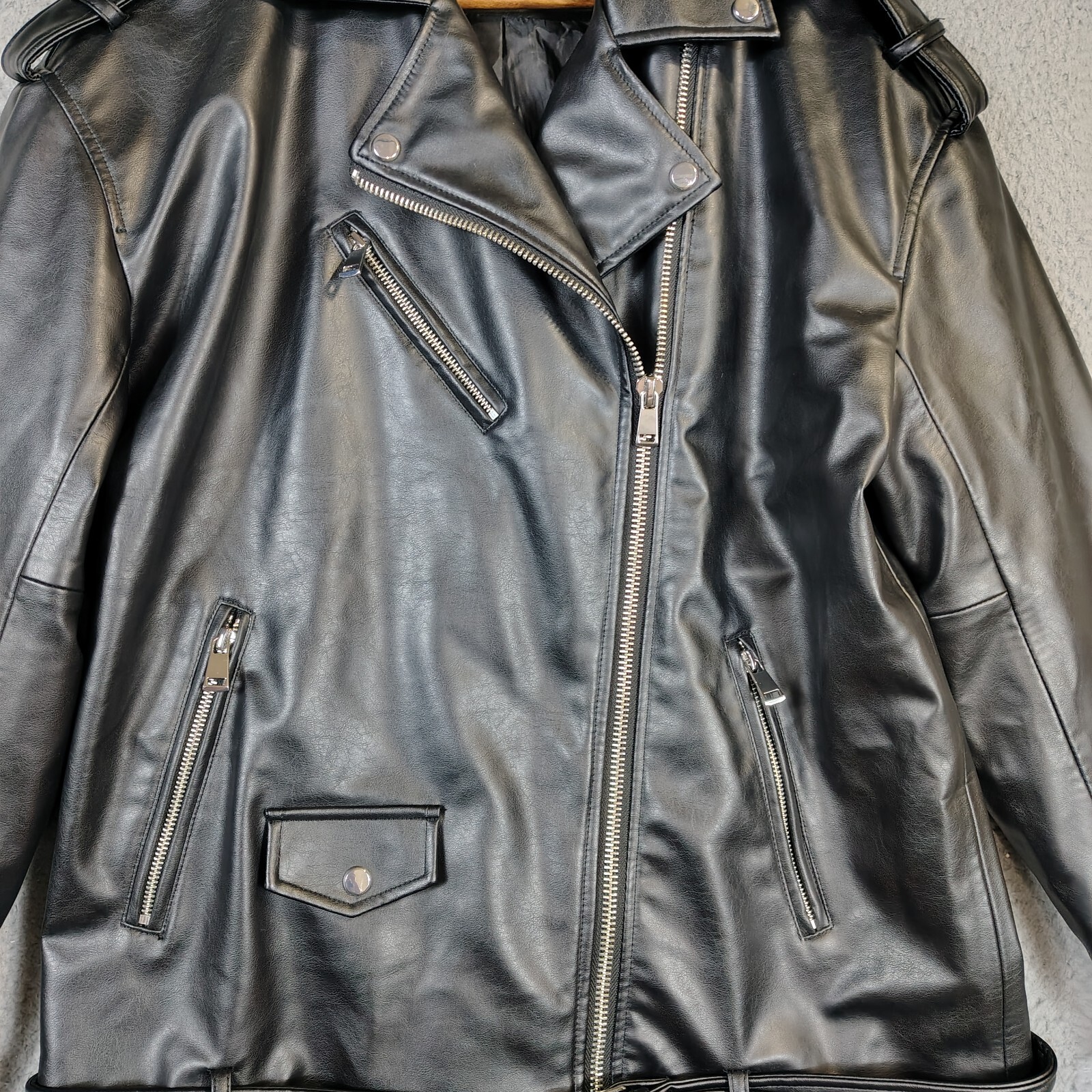 Zara Moto Jacket Womens  Medium Black Faux Leather Belted Biker Oversized thumbnail 4