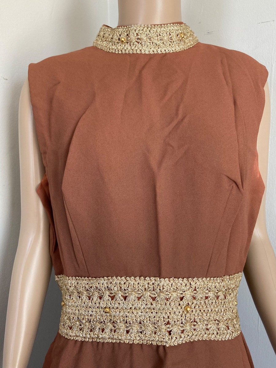 Vintage 1960s Mod Gogo Dress Brown with Gold Trim and Bead Detail Size  Small/Med