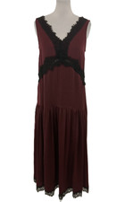 M&S Women's Dress Dark Burgundy Slip Satin Lace Dropped Waist Pintucks Midi New