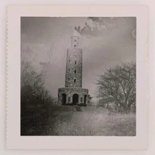 FOUND PHOTO Miantonomi Memorial Tower Scary Haunted Fog Snapshot Vtg 1940s
