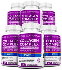 6 Collagen Peptides Types I, II, III, V, X 1500mg Pills Anti-Aging Skin Capsules