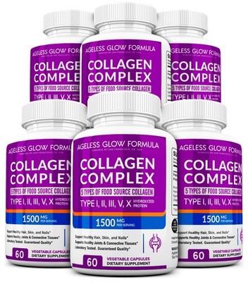 6 Collagen Peptides Types I, II, III, V, X 1500mg Pills Anti-Aging Skin Capsules