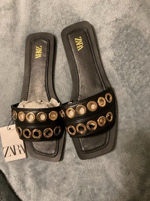 ZARA Women s Black/Gold Leather Slide Sandals Slip-On Strap Eyelet US 9