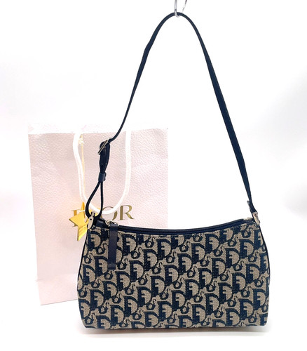 Authentic Christian Dior Trotter Navy Canvas Leather Shoulder Bag W/Bag DD060008