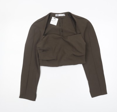 ZARA Damen braune Cropped Bluse, M, hochgeschlossen