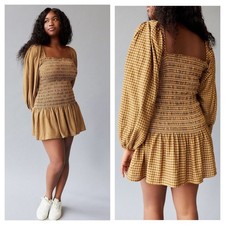 Urban Outfitters Francis Plaid Smocked Ruffle Puff Sleeve Mini Dress Small