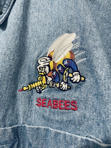 Seabees US Navy Shirt Denim Button Up Blue Long Sleeve Military Men’s XL Y2K - Picture 2 of 5