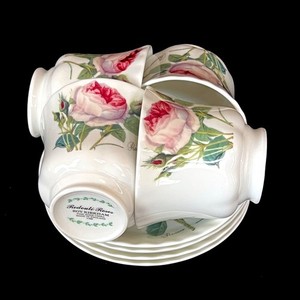 Roy Kirkham 1996 "Redoute Roses" 4 Teacup & Saucer Sets, Fine Bone China